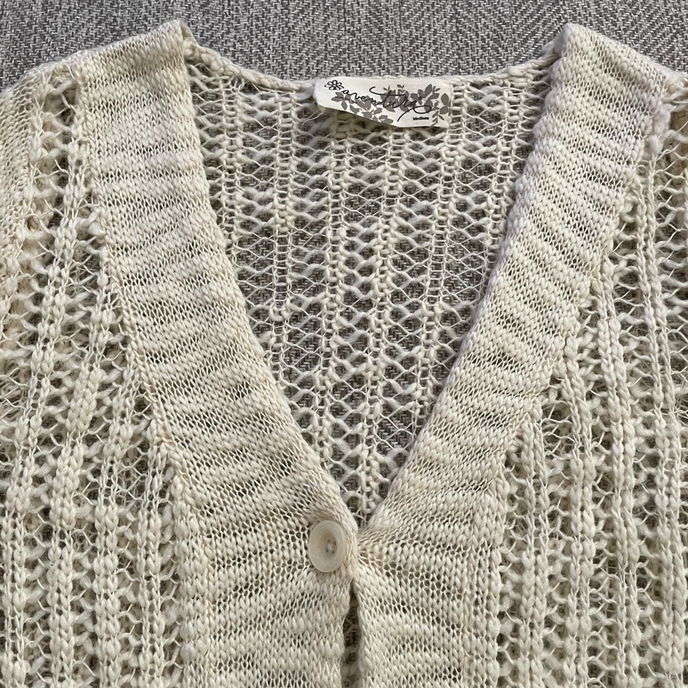 Aventura Pointelle Knit Cardigan Wool Blend Cream Layering Boho Open Knit - Picture 5 of 7